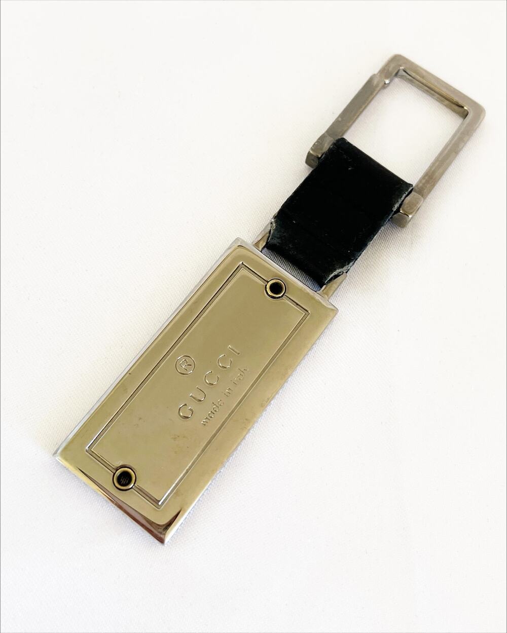 GUCCI Leather Metal Key Chain Key Charm Key Tab Black Silver Minimalist Stamped